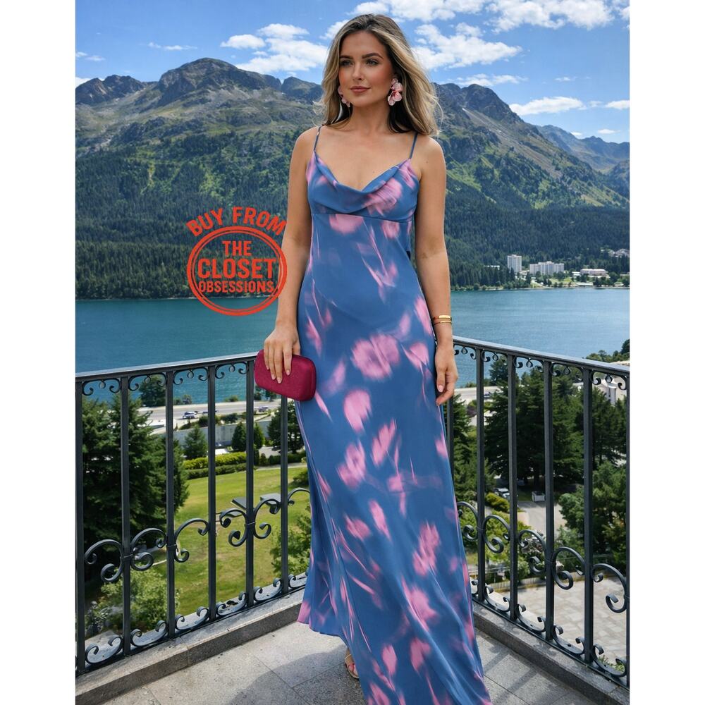 ZARA Open Back Maxi Dress NWT Blue Pink Resort Vacation Dress